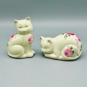 Vintage Ceramic Decorative Pink Rose Cats Salt and Pepper Set
